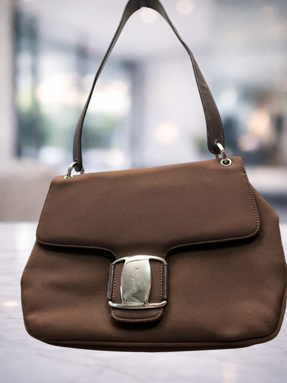 Authentic Salvatore Ferragamo Brown Shoulder Bag with Silver Buckle